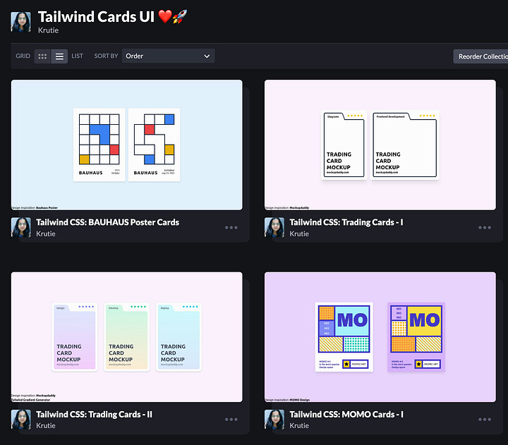 Tailwind CSS UI Cards Collection on Codepen