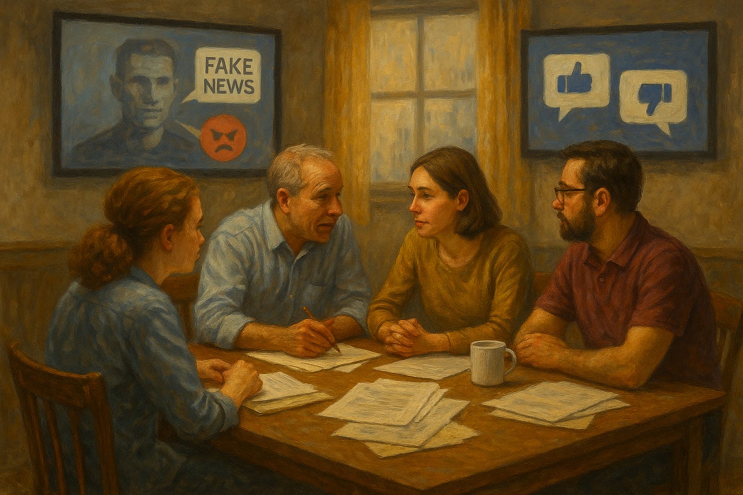 Painting-style illustration of four adults seated around a wooden table having a serious discussion, with papers and a coffee mug spread out before them. The scene evokes a town hall or community meeting. On the walls behind them are two screens — one showing a man’s face labeled “FAKE NEWS” with an angry emoji, and the other displaying thumbs-up and thumbs-down icons, symbolizing online discourse. The image contrasts meaningful, in-person engagement with the polarization of digital communication.