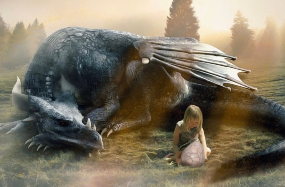 dragon and little girl, little girl playing with large egg