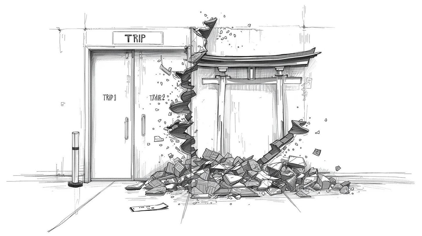 Two airport departure gates, second one with a torii-shaped hole blown through the wall