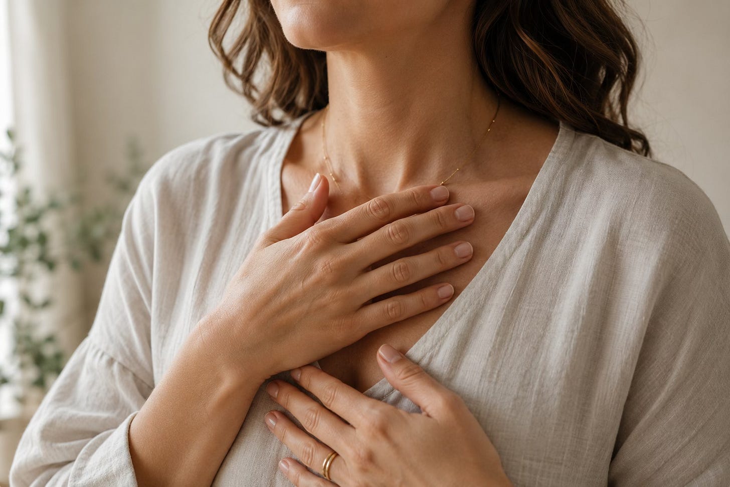 Woman gently placing her hands near her heart as a symbol of nervous-system support and emotional grounding.