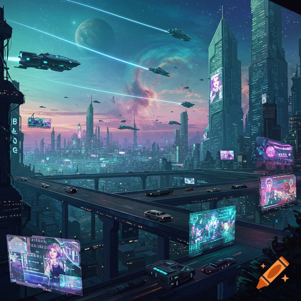 A vibrant cyberpunk city at twilight with flying vehicles, skyscrapers, highways, and large holographic screens. A vibrant cyberpunk city at twilight with flying vehicles, skyscrapers, highways, and large holographic screens.