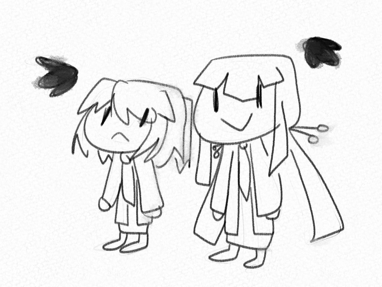 a slightly smudgy pencil sketch of mercy, auma, and some beetles from soundless