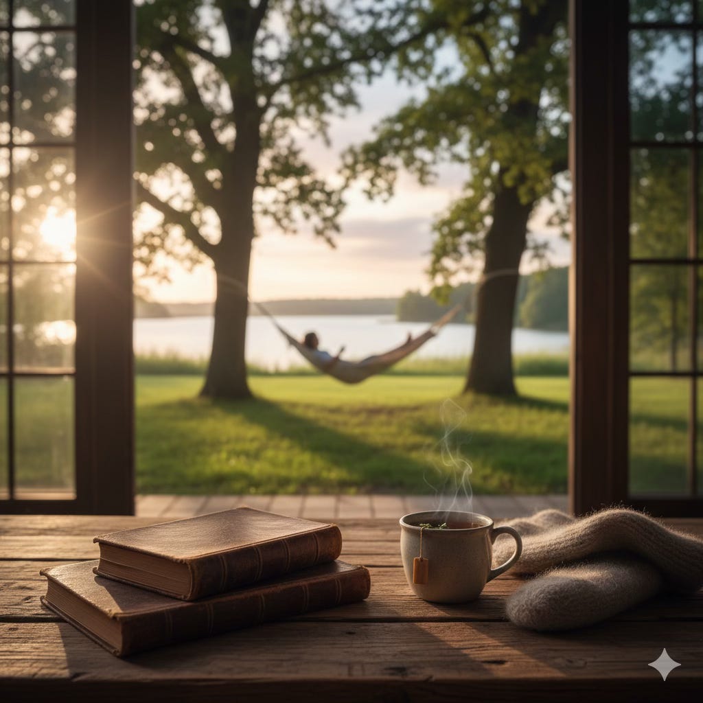 A view from inside a rustic room, looking out an open window. On a wooden table in the foreground, there is a steaming mug of tea, a pair of old books, and a cozy knit sweater. Outside, a person rests in a hammock strung between two large trees by a calm lake at sunset. A view from inside a rustic room, looking out an open window. On a wooden table in the foreground, there is a steaming mug of tea, a pair of old books, and a cozy knit sweater. Outside, a person rests in a hammock strung between two large trees by a calm lake at sunset.