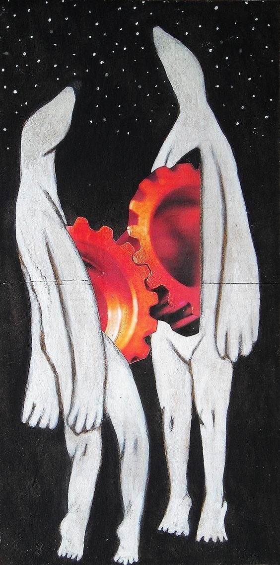 This may contain: a drawing of two people facing each other with their hands on the back of them