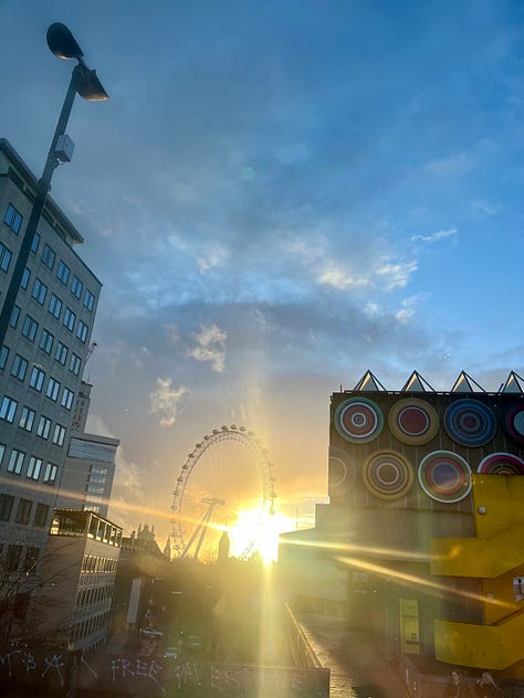 first photo the London Eye and Big Ben through a shaft of sunlight. second photo boxes of heirloom tomatoes from Borough Market. third photo of HMS Belfast with Tower Bridge in the background