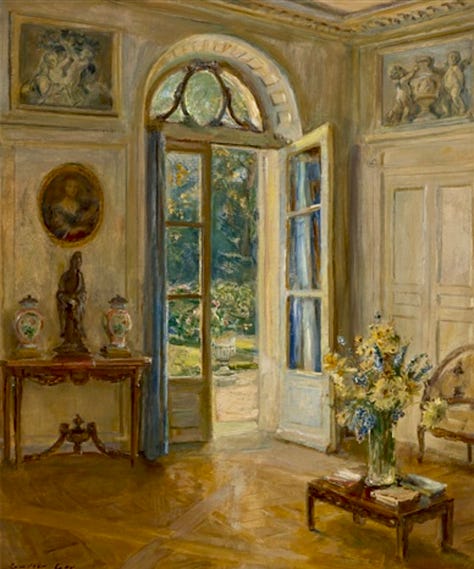Views of the novel The Age of Innocence, a movie still, and Wharton's house outside Paris.