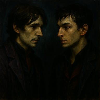 A dark fantasy portrait of two fictional characters, Felonious Blackpoole and Escher, rendered using their updated feature palettes. Felonious appears fine‑boned and delicate, with large soulful eyes, dark tousled waves, and an introspective, candlelit aura. His palette includes ink black, soft violet, parchment ivory, and warm gold, with textures of velvet and worn leather. Escher appears androgynously elegant with sharp cheekbones, full expressive lips, intense eyes, and dark tousled or slicked hair. His presence is uncanny and magnetic, with a palette of iridescent blacks, deep garnet, mercury silver, and bruised purples, using velvet, leather, and sheer fabrics. They face one another in a shadow‑drenched, arcane environment—flickering candles, drifting smoke, hints of occult architecture—sharing a charged look of eerie recognition, as if silently asking, “Don’t I know you?”. Lighting is moody, gothic, and cinematic.