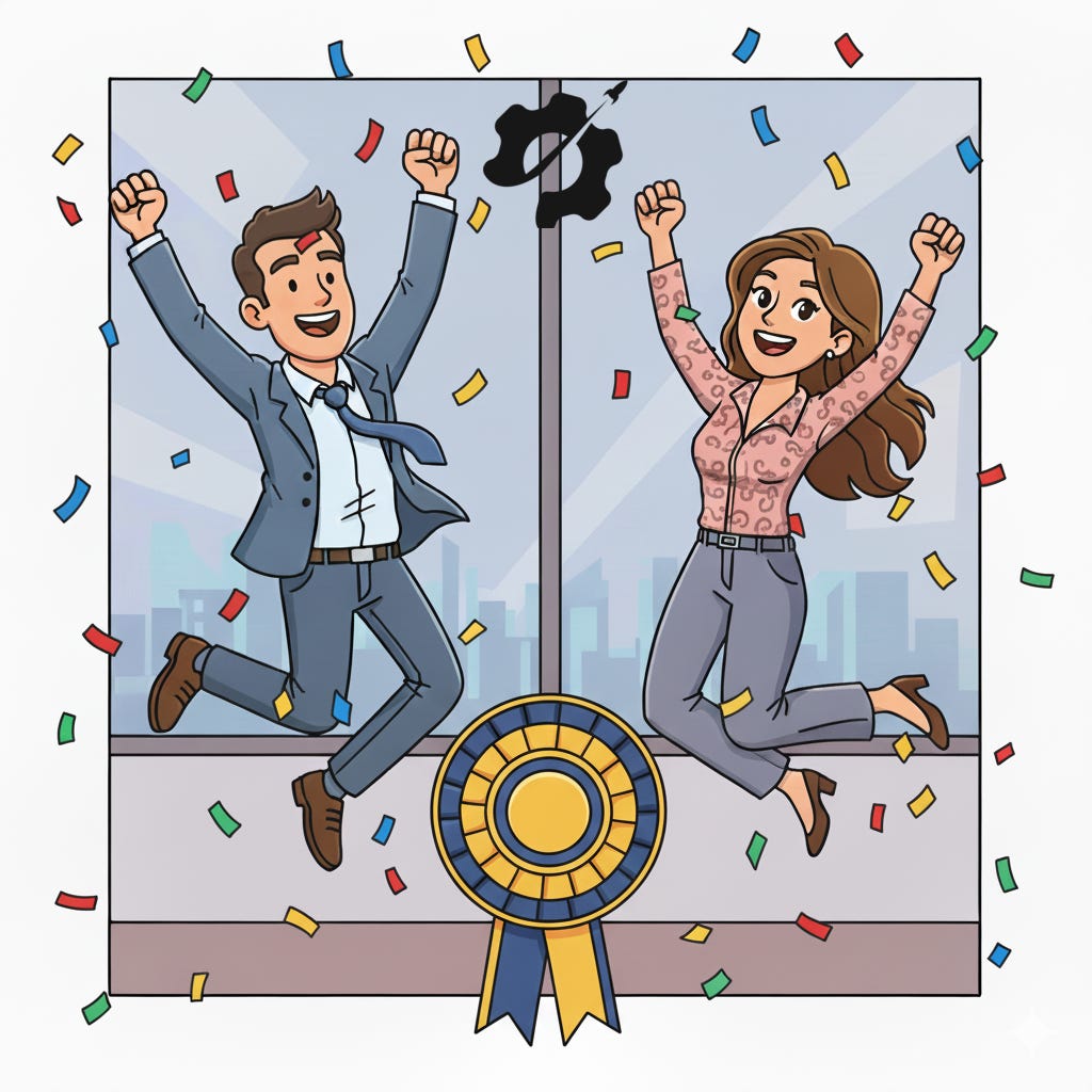 A cartoon of a man and women jumping and celebrating 