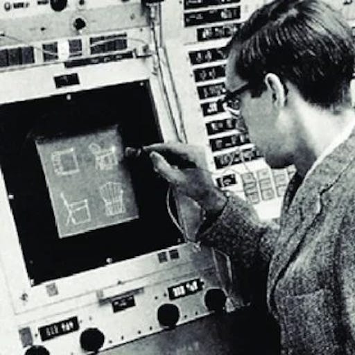 Ivan Sutherland using the Sketchpad light pen on the TX-2 computer console at MIT. A man points at an early visual computer interface with a wired light pen Ivan Sutherland using the Sketchpad light pen on the TX-2 computer console at MIT. A man points at an early visual computer interface with a wired light pen