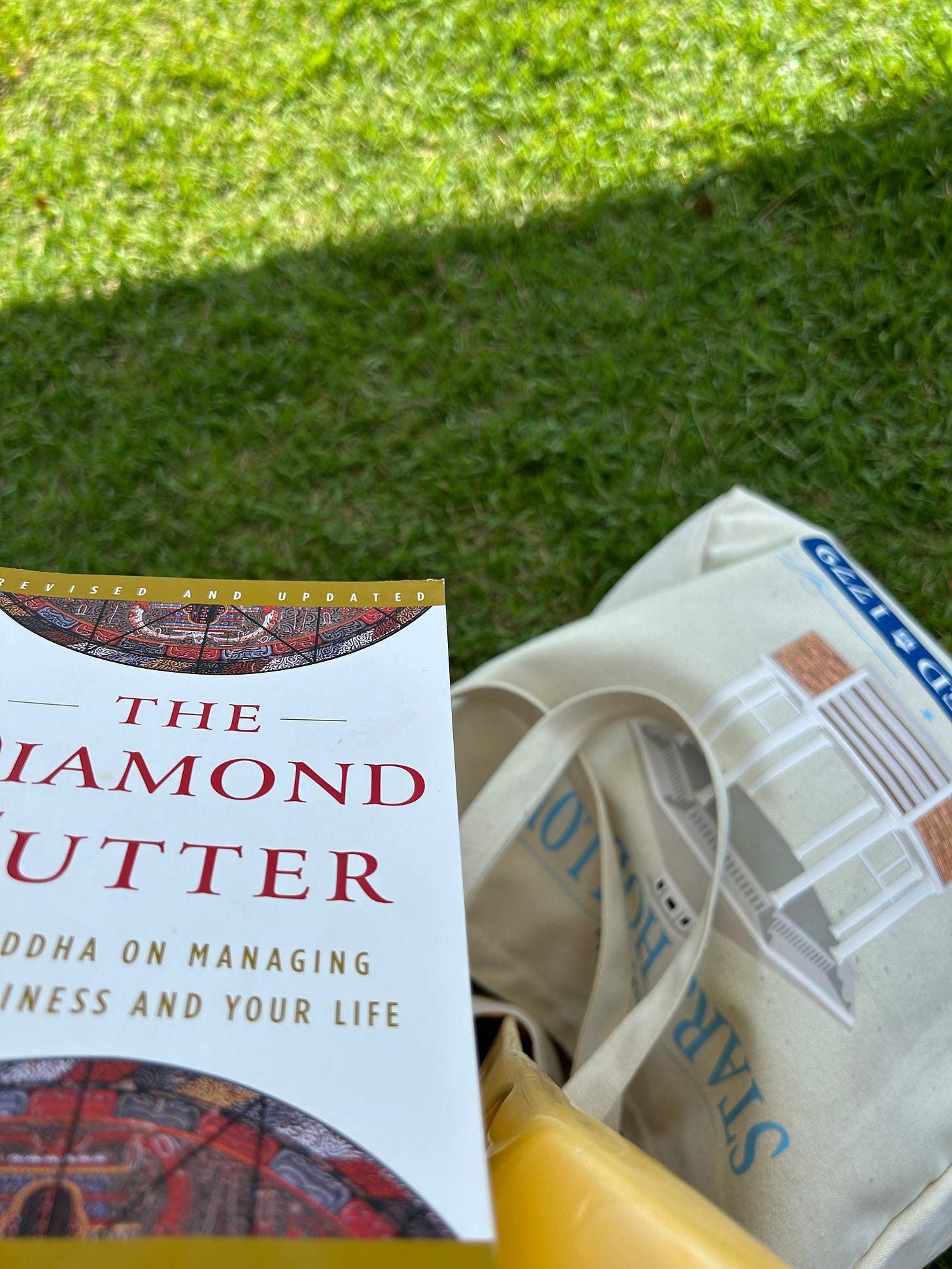 grass, the book The Diamond Cutter and a tote bag with the inscription Stars Hollow