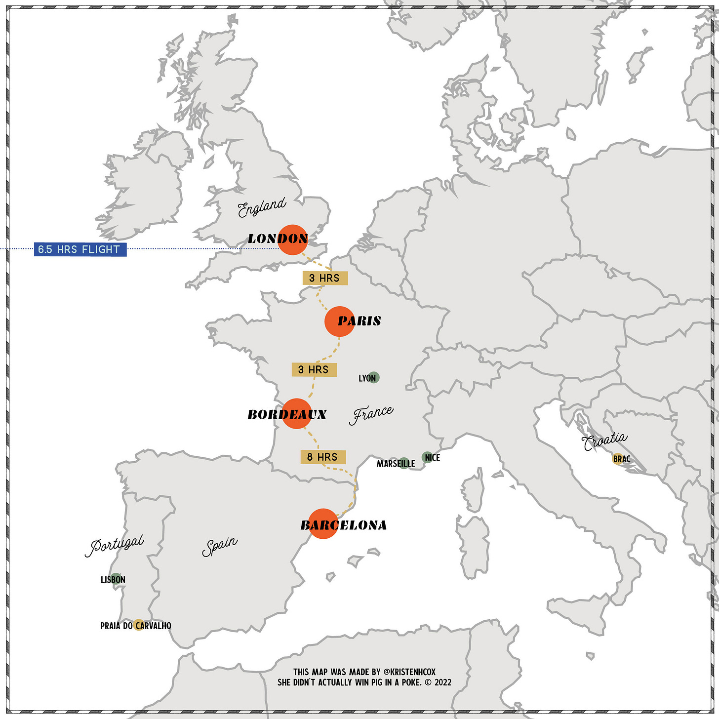 Map of Europe with London, Paris, Bordeaux and Barcelona highlighted with train times between each city. Also show are Lisbon, Praia do Carvalho, Marseille, Nice, Lyon and Brac
