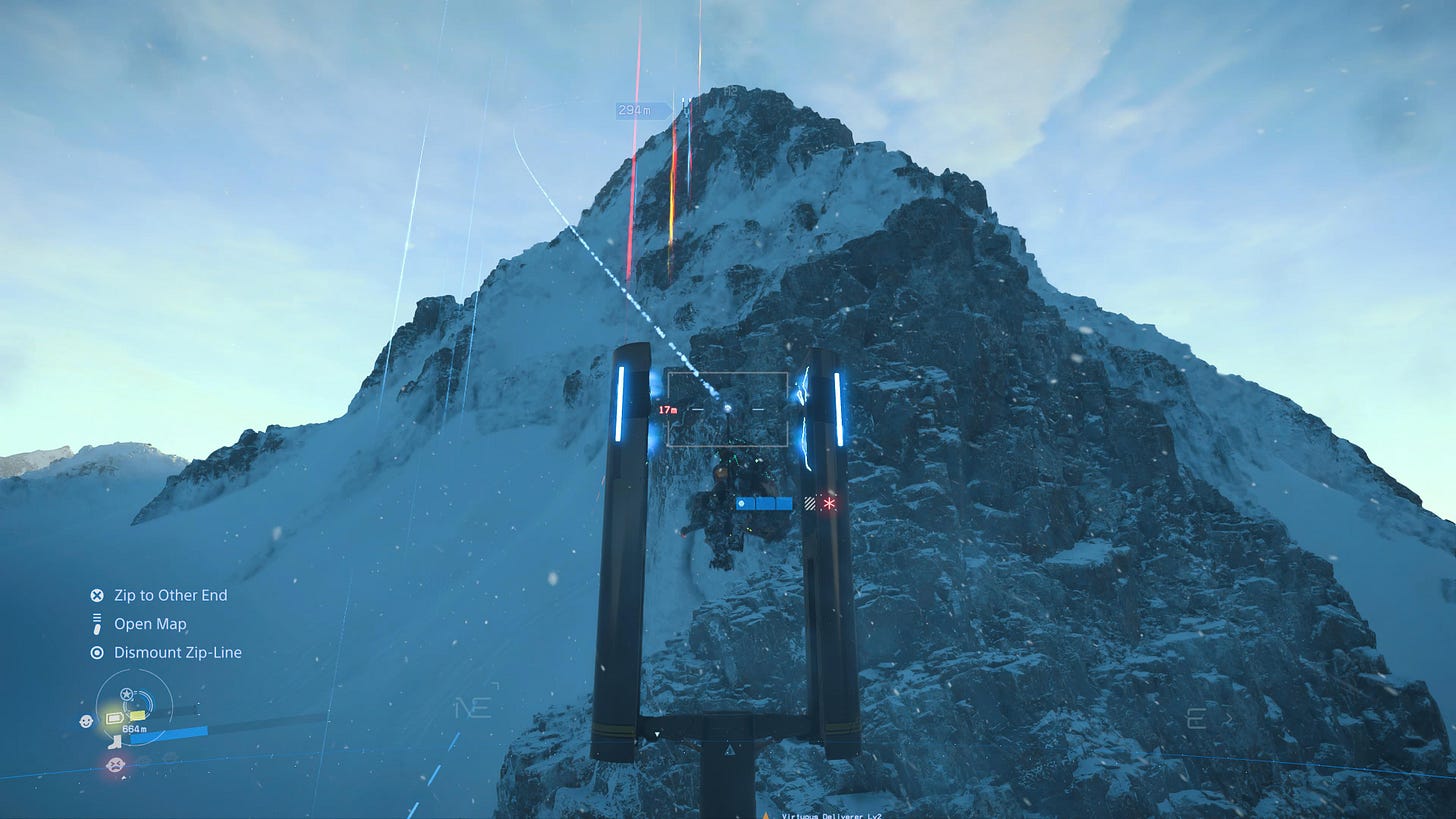 Sam dangles from a zip-line, with a distant zip-line 294m away according to the HUD. He is in the snowy mountains.