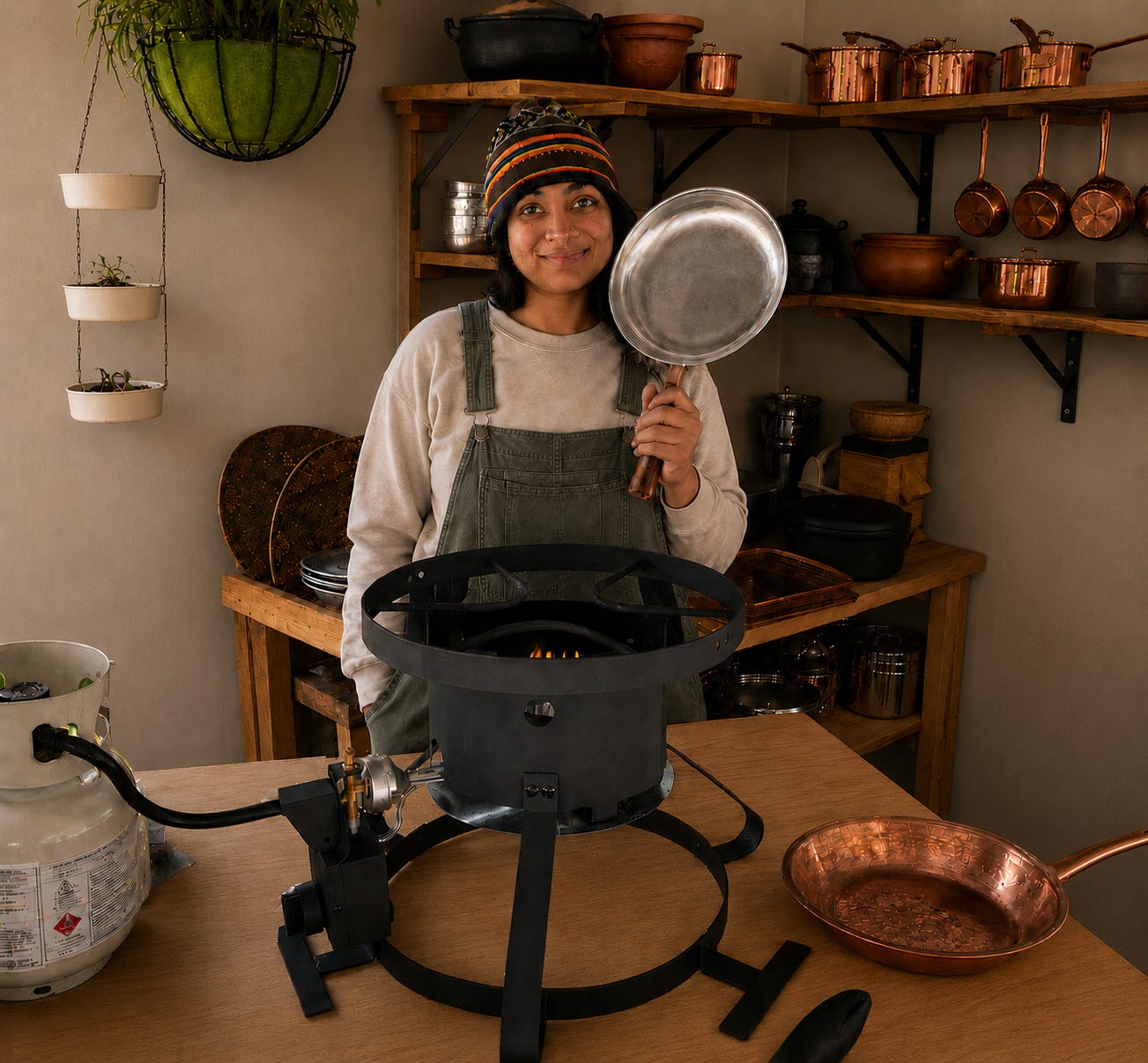 A woman stands in a rustic workshop kitchen holding a stainless steel pan beside a large gas burner setup on a wooden workbench. Copper cookware lines wooden shelves behind her, while hanging planters and earthenware pots create a warm, traditional atmosphere. The image documents the process of learning to tin copper cookware (kalai) in a home workshop setting. A woman stands in a rustic workshop kitchen holding a stainless steel pan beside a large gas burner setup on a wooden workbench. Copper cookware lines wooden shelves behind her, while hanging planters and earthenware pots create a warm, traditional atmosphere. The image documents the process of learning to tin copper cookware (kalai) in a home workshop setting.