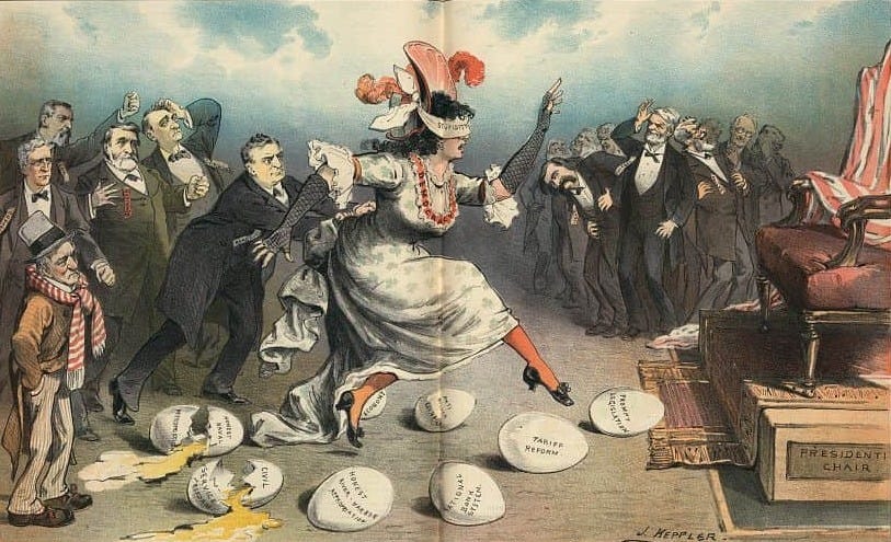 18th-century political caricature of a woman labeled "Democracy" wearing a blindfold labeled "stupidity" being pushed by a laughing male crowd toward the president’s chair, stepping on several eggs in the way on the ground, with labels such as "Civil Service Reform,” “Economy,” and “Tariff Reform.”