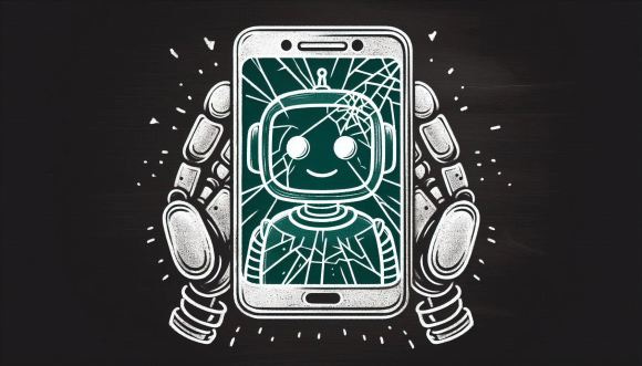 an image of a broken phone showing an AI assistant which a human has over-relied on for building skills