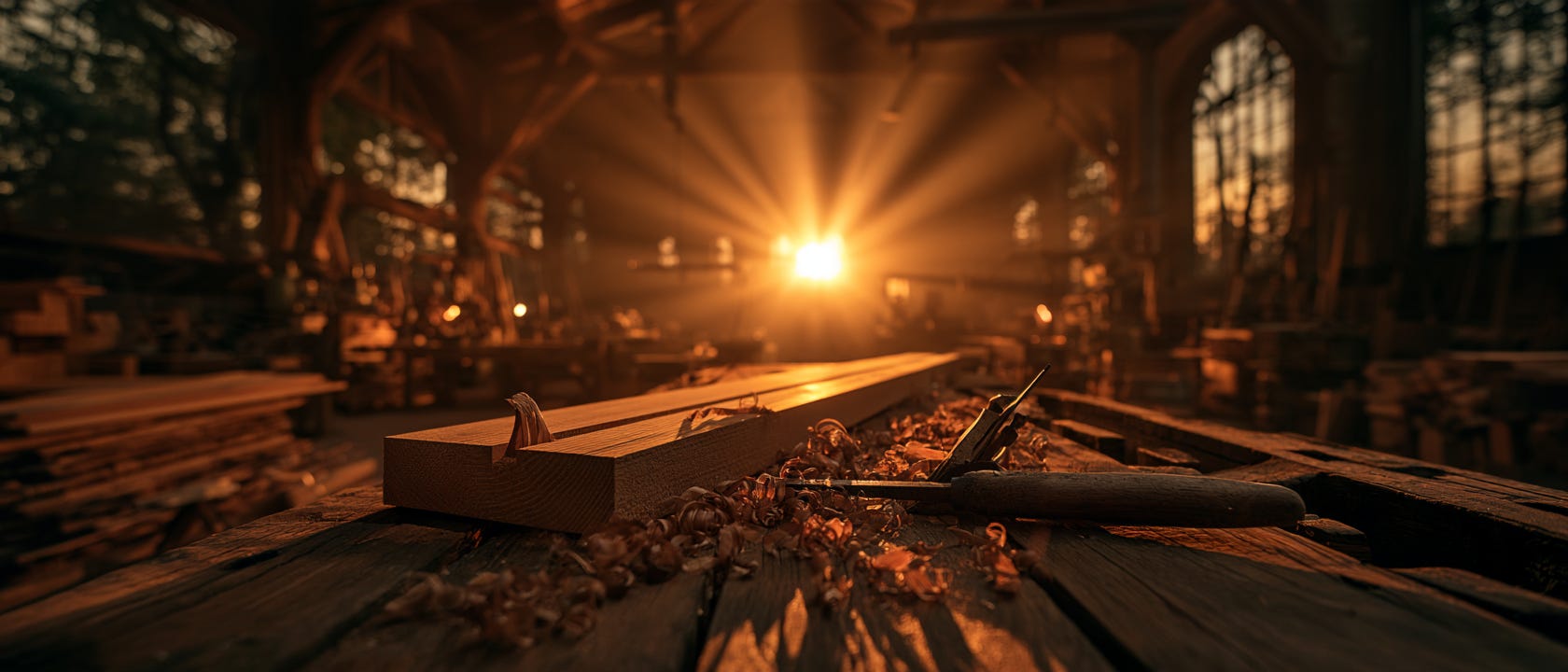 Old wooden workbench in a dim workshop Old wooden workbench in a dim workshop