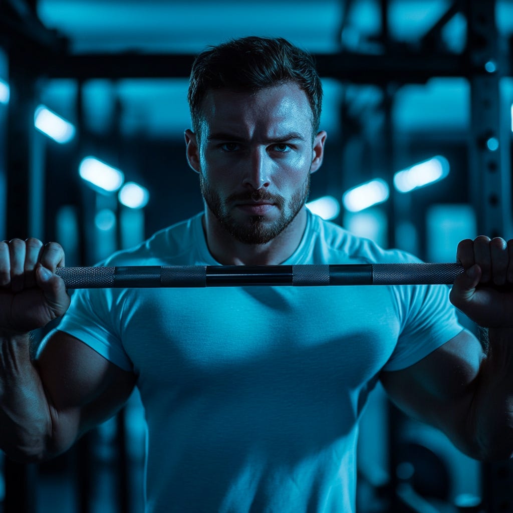 Fit male athlete getting ready to back squat in the gym, wearing light blue. Fit male athlete getting ready to back squat in the gym, wearing light blue.