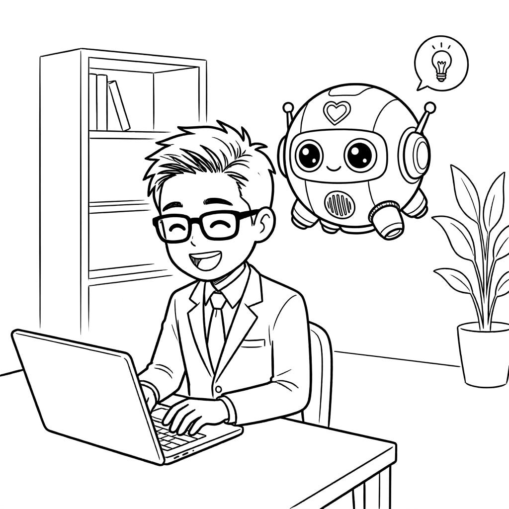 A floating AI chatbot hovers over the shoulder of a man in a suit who is typing on his laptop. A floating AI chatbot hovers over the shoulder of a man in a suit who is typing on his laptop.