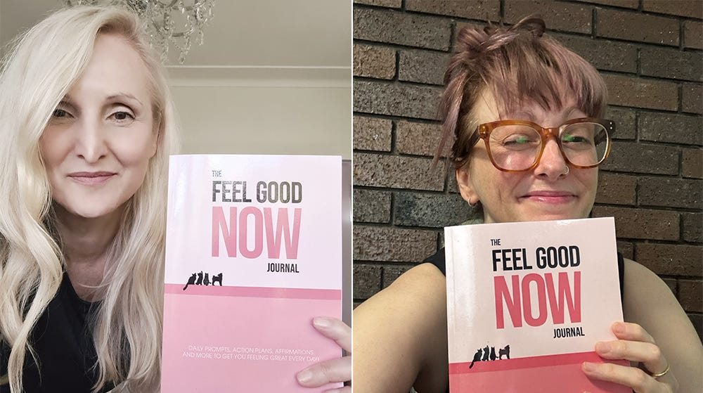 Belinda and Kelly proudly hold up copies of The Feel Good NOW Journal