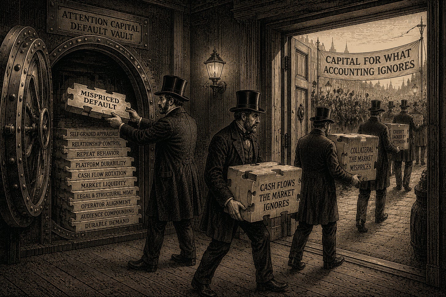 Wood-engraving editorial illustration in the Thomas Nast Harper's Weekly style for Attention Capital's essay The Default Nobody Declared, depicting credit underwriting against documented habit. A banker examines a shopkeeper's ledger of years of daily entries beside a worn threshold stone presented as evidence, while a blank sheet waits for the instrument to be written and regulars enter the lit shop across the street. The image argues the essay's finance turn: a visit cannot be underwritten, but a habit can, because recurrence is documented, durability is measurable, and the revenue lines it feeds are auditable. Keywords: creator credit, private credit, behavioral cash flow, underwriting attention, attention-backed lending.