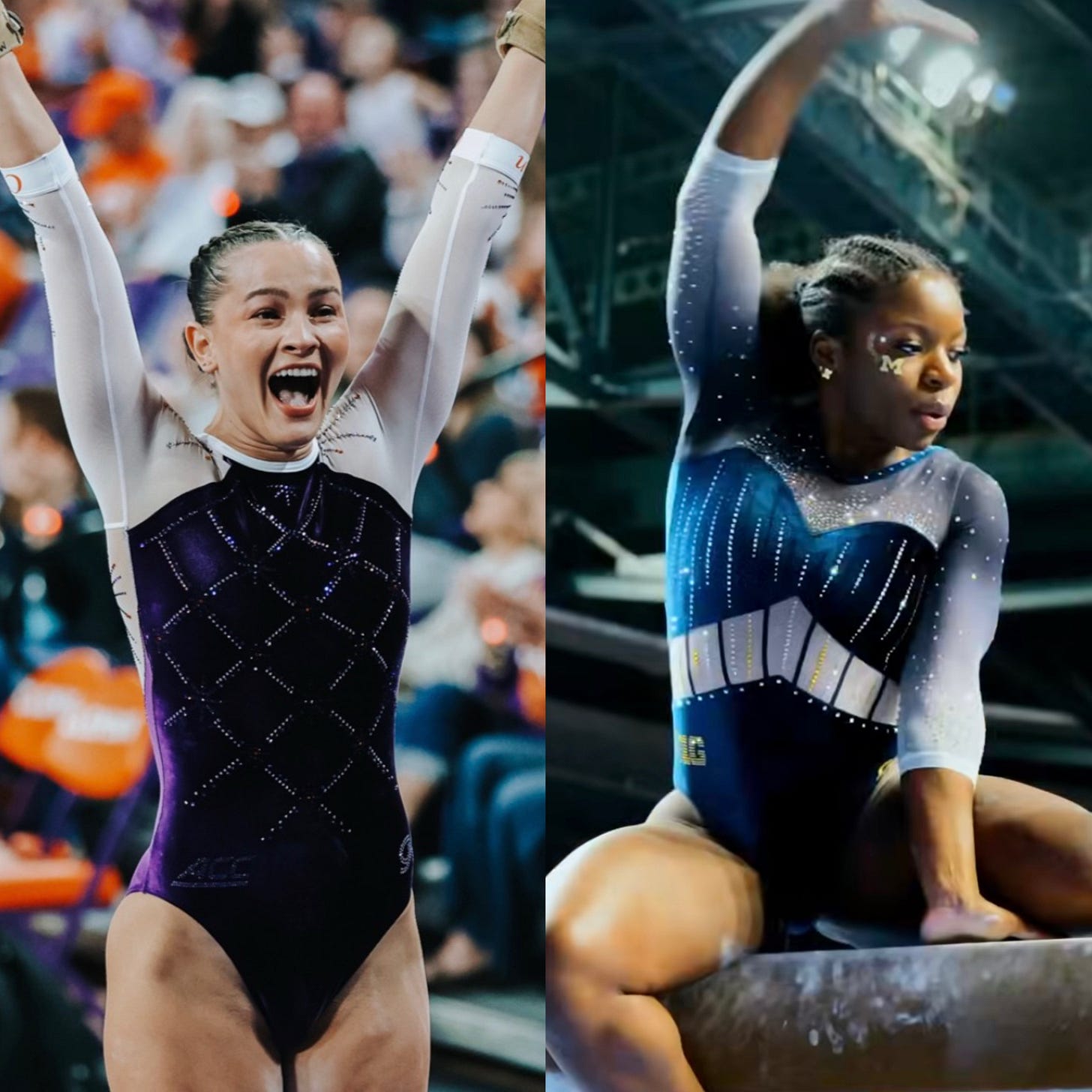 Clemson's Tara Walsh after her vault and Michigan's Jahzara Ranger on beam