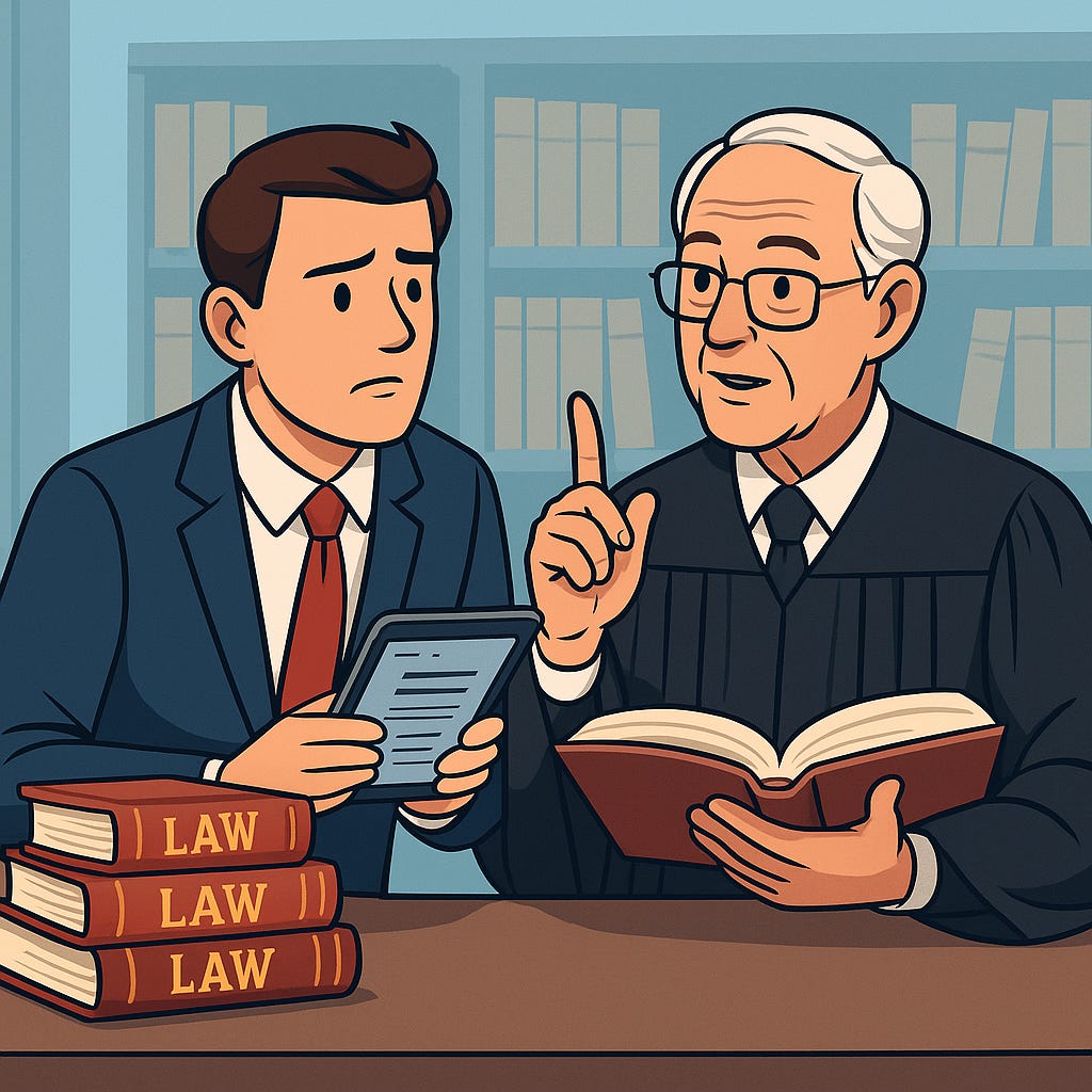 Ilustração de um jovem advogado segurando um tablet enquanto escuta atentamente um juiz mais velho, que aponta para o alto enquanto segura um livro aberto. Ao fundo, uma biblioteca com prateleiras repletas de livros jurídicos. Cena representa o aprendizado intergeracional e o valor do contato humano na formação profissional.
