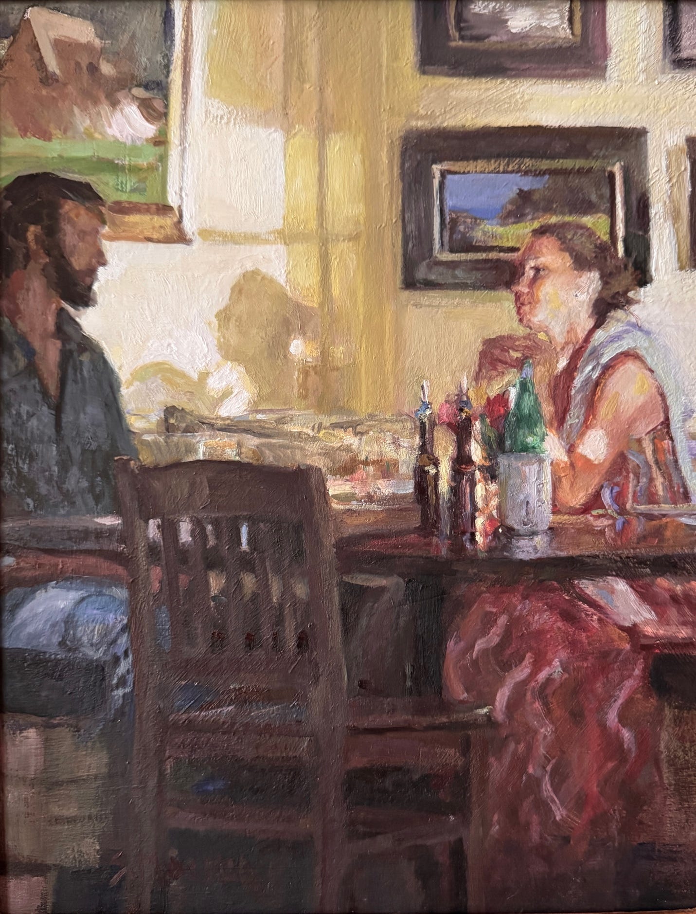 A painting of a person and person sitting at a table
AI-generated content may be incorrect.