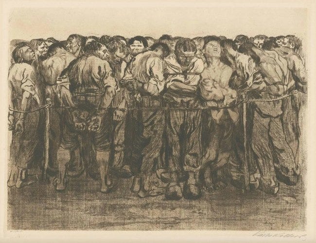 Gravue du XIX° siècle représentant des prisonniers, en rond, serrés et le visage baissé vers la terre Gravue du XIX° siècle représentant des prisonniers, en rond, serrés et le visage baissé vers la terre