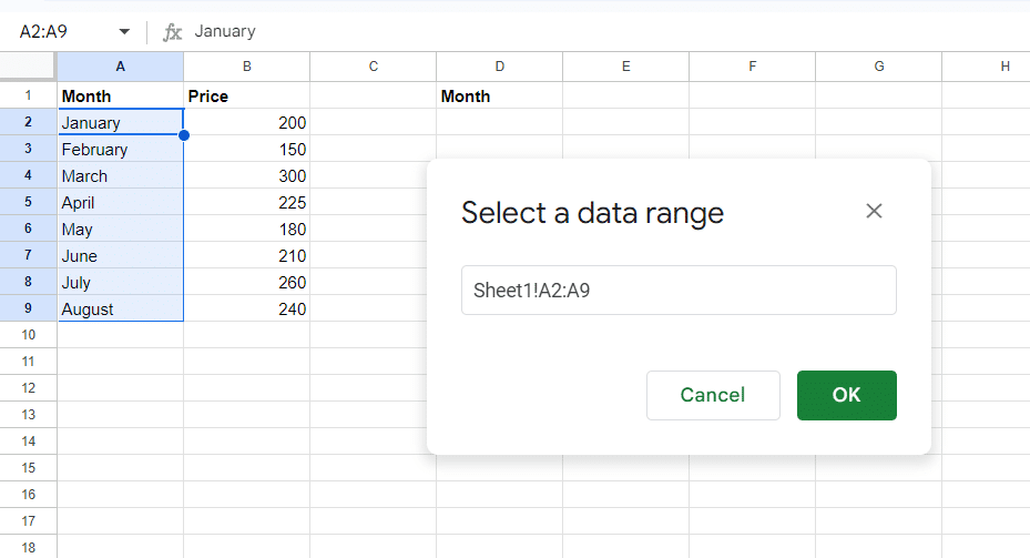 Select the range where your dataset is.