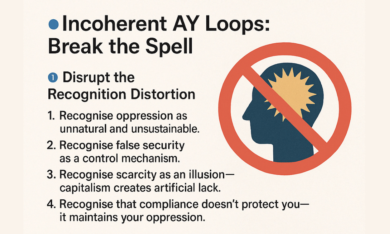 Slide titled “Incoherent AY Loops: Break the Spell.” Subheader “Disrupt the Recognition Distortion.” Four numbered points: (1) Recognise oppression as unnatural and unsustainable. (2) Recognise false security as a control mechanism. (3) Recognise scarcity as an illusion—capitalism creates artificial lack. (4) Recognise that compliance doesn’t protect you; it maintains your oppression. On the right, a blue head silhouette with a sunburst inside is crossed out by a red “no” symbol. Light background with blue bullet accents.