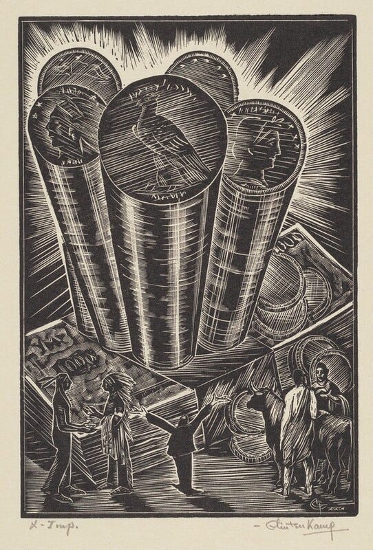 This is a drawing displaying stacks of coins and banknotes arranged in a thematic composition. Several large stacks of coins are featured prominently in the upper portion of the image, each showcasing different designs. Below the stacks, there are detailed banknotes depicted. To the left, two figures are exchanging items, while on the bottom right side, another scene shows two figures and a cow. The artwork is rendered with high contrast using fine linear details in a woodcut style.