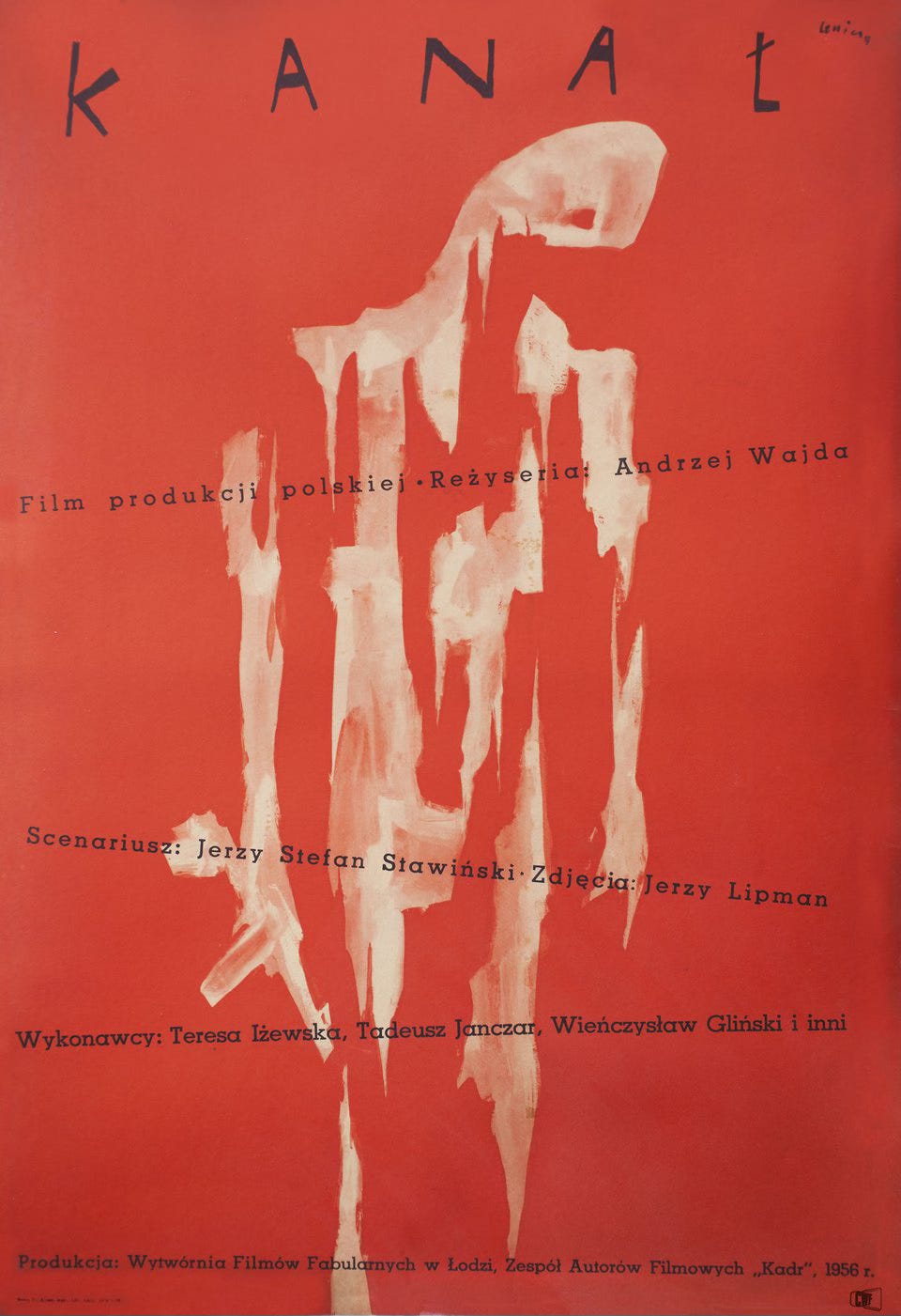 The 1957 poster for 'Kanal', designed by the future animator Jan Lenica, which depicts a vaguely human shape made up of pale streaks against a red background, its head bowed as if awaiting its inevitable fate.