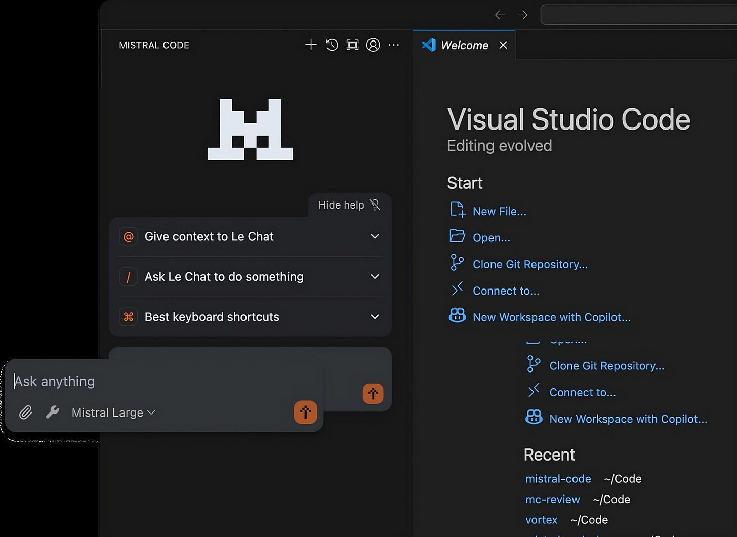 Screenshot of Mistral AI plugin for the popular VS Code IDE as the artificial intelligence company rolls out a complete AI coding stack, including Codestral 25.08, that aims to solve the key problems stopping generative AI from taking hold in enterprise software development.