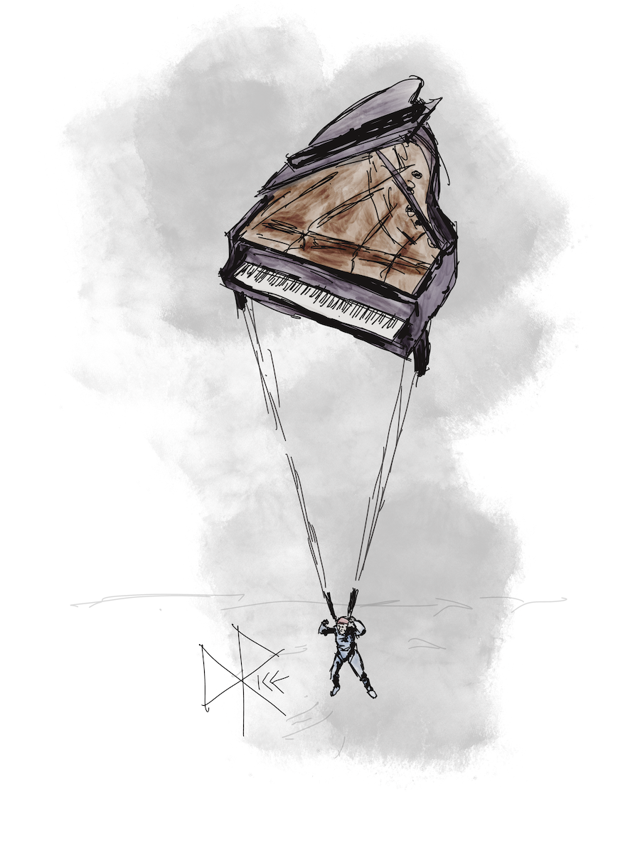 A person who has jumped from an aircraft and is descending toward the ground discovers that he is attached to a piano rather than a parachute. Sketch art by Don Rice. A person who has jumped from an aircraft and is descending toward the ground discovers that he is attached to a piano rather than a parachute. Sketch art by Don Rice.