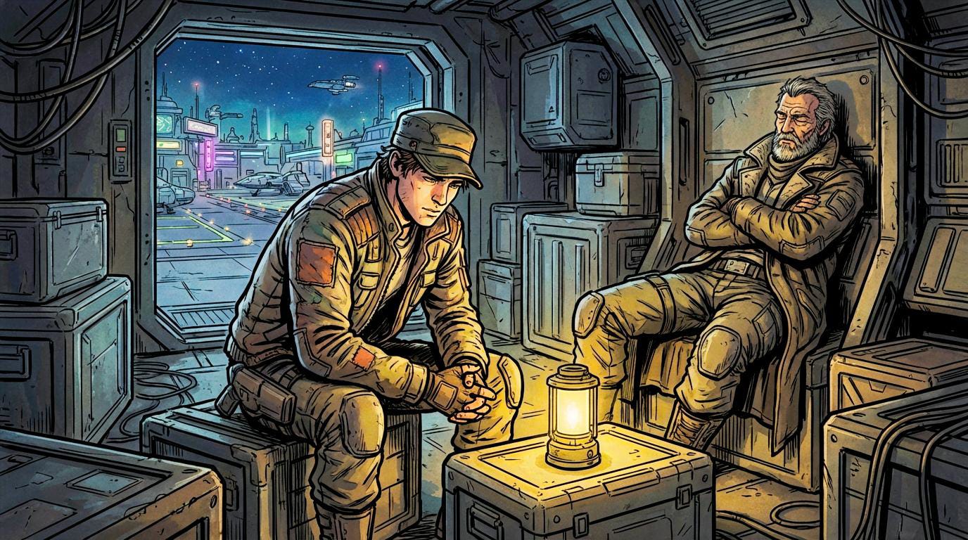 A young man in a brown jacket and cap sits on a cargo crate, leaning forward with his hands clasped, while an older man with a gray beard reclines in a chair with his arms crossed. A glowing lantern sits between them in the dimly lit cargo bay of a docked freighter. A frontier spaceport glows through the open bay door behind them. Comic book illustration style. Story art for Jinx, a Sci-Fi Signals story. A young man in a brown jacket and cap sits on a cargo crate, leaning forward with his hands clasped, while an older man with a gray beard reclines in a chair with his arms crossed. A glowing lantern sits between them in the dimly lit cargo bay of a docked freighter. A frontier spaceport glows through the open bay door behind them. Comic book illustration style. Story art for Jinx, a Sci-Fi Signals story.
