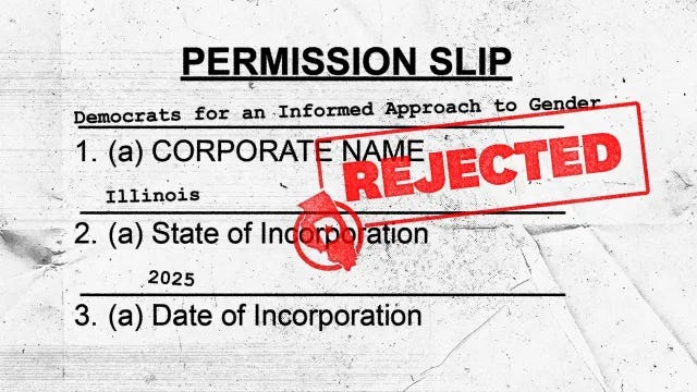 Illustration of a paper "permission slip" for incorporation and the word "REJECTED" in red letters stamped over it. Illustration of a paper "permission slip" for incorporation and the word "REJECTED" in red letters stamped over it.