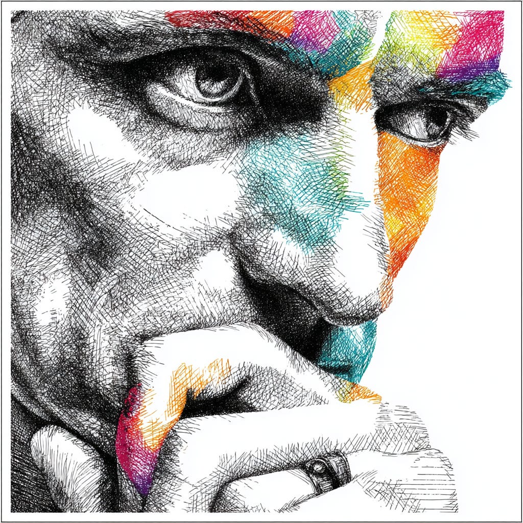 graphical key visual for an article on the topic conformism is not a trait of the high achievers in the style of a colorful black and white very thin lines sketch with one accent color on the main subject - Use for accent colors #65a30d color. The rest of the image should be black and white. If the user ask for anothe accent color, change it accordingly. - The image orientation should be square. - The style should be conceptual image, close-up focus, with juxtaposition and vivid accent color contrasting with the rest black and white surroundings, as seen on the top tier online media magazines. - Derrive the subject of the image from the input article. - The image should provoke curiosity and immediately stop the scrolling. - The image should have minimalistic design. - The sketch should be fine and abtrsact. - The concept shiuld visualize the main idea of the article.