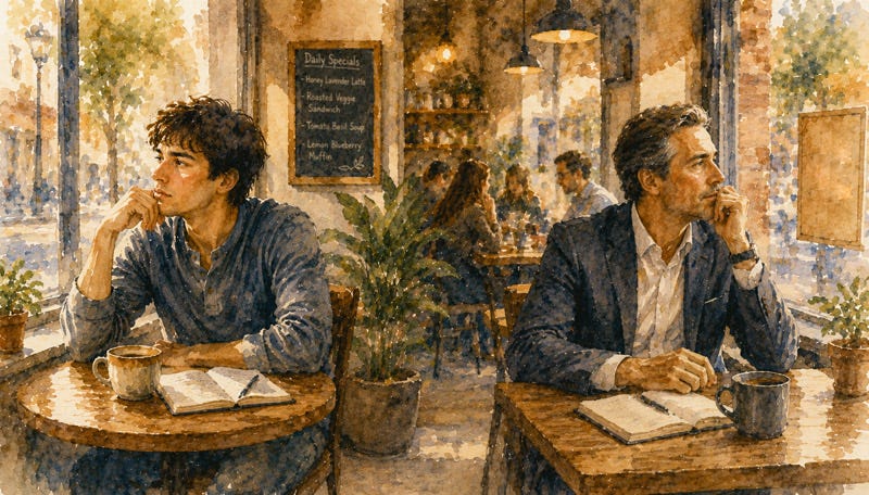 Young man and middle-aged professional sit in a cozy coffee shop, both gazing thoughtfully out the window reflecting on where they are in life.