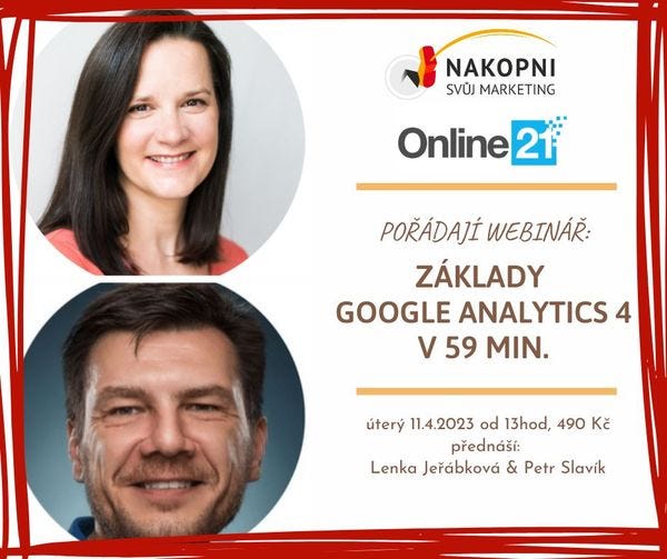 Může jít o obrázek 2 lidem a text that says 'NAKOPNI SVỮJ MARKETING Online 21 PORÁDAJÍ WEBINÁR ZÁKLADY GOOGLE ANALYTICS 4 V 59 59 MIN. Aல úterý 11.4.2023 od 13hod, 490 Kč prednáší: Lenka Jerábková & Petr Slavík'