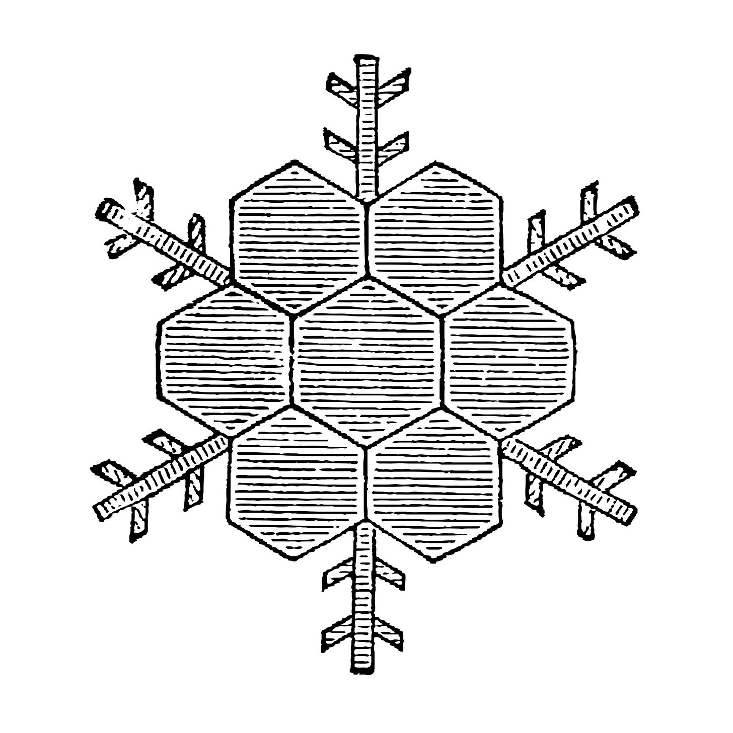 Hexagonal symmetry in snowflake structure, AI generated