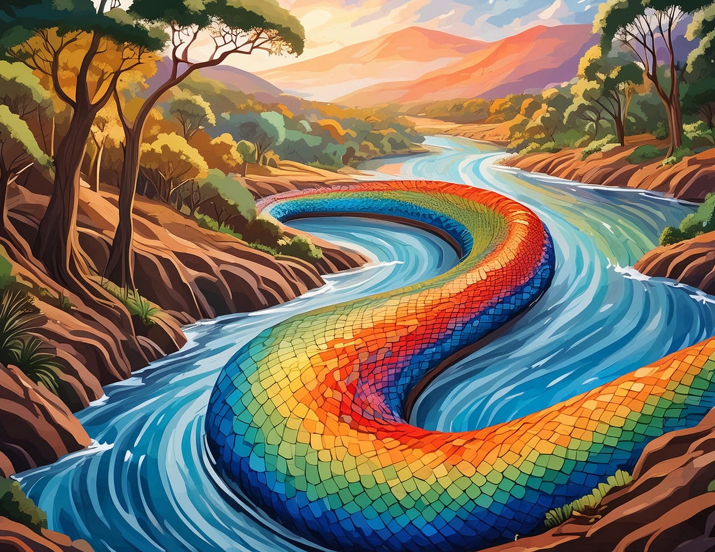 The body of a raibow serpent in a river