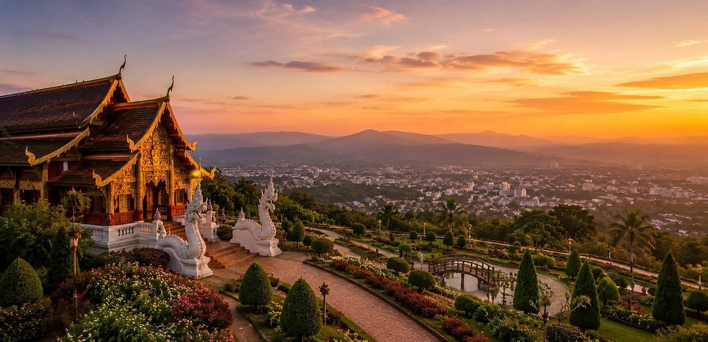 Golden Thai temple overlooking Chiang Mai city and mountains at sunset Golden Thai temple overlooking Chiang Mai city and mountains at sunset