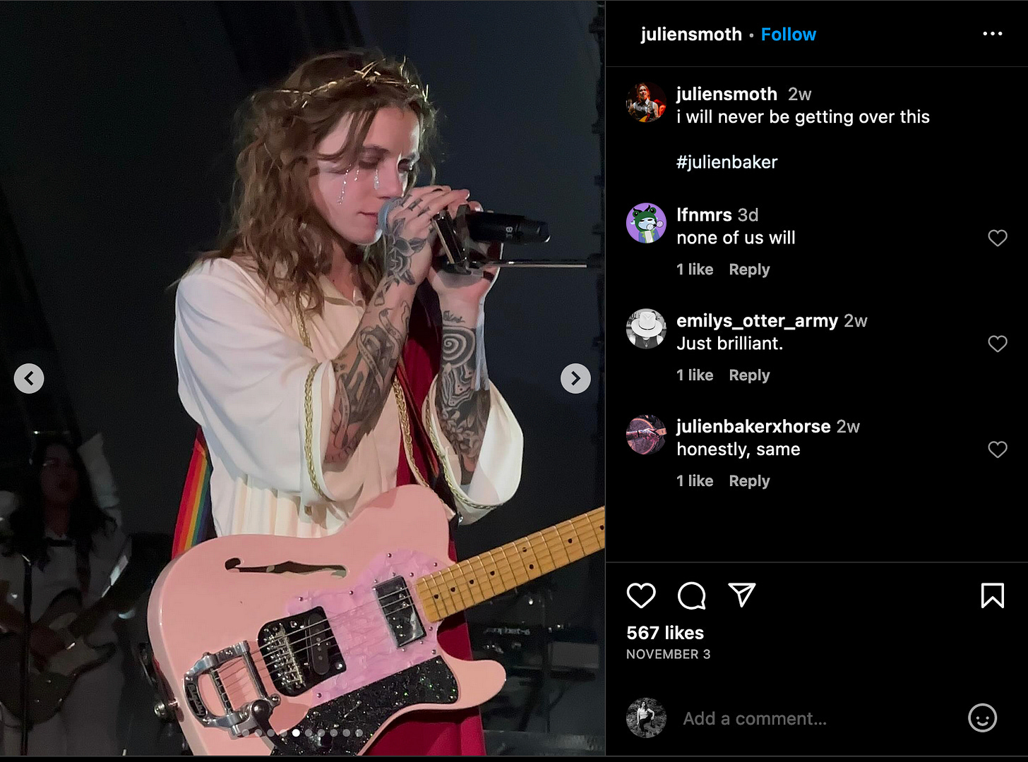Screenshot of Instagram post by juliensmoth. Julien Baker dressed as Jesus holds and sings into a microphone. Her eyes are closed and her glitter tears are prominent.