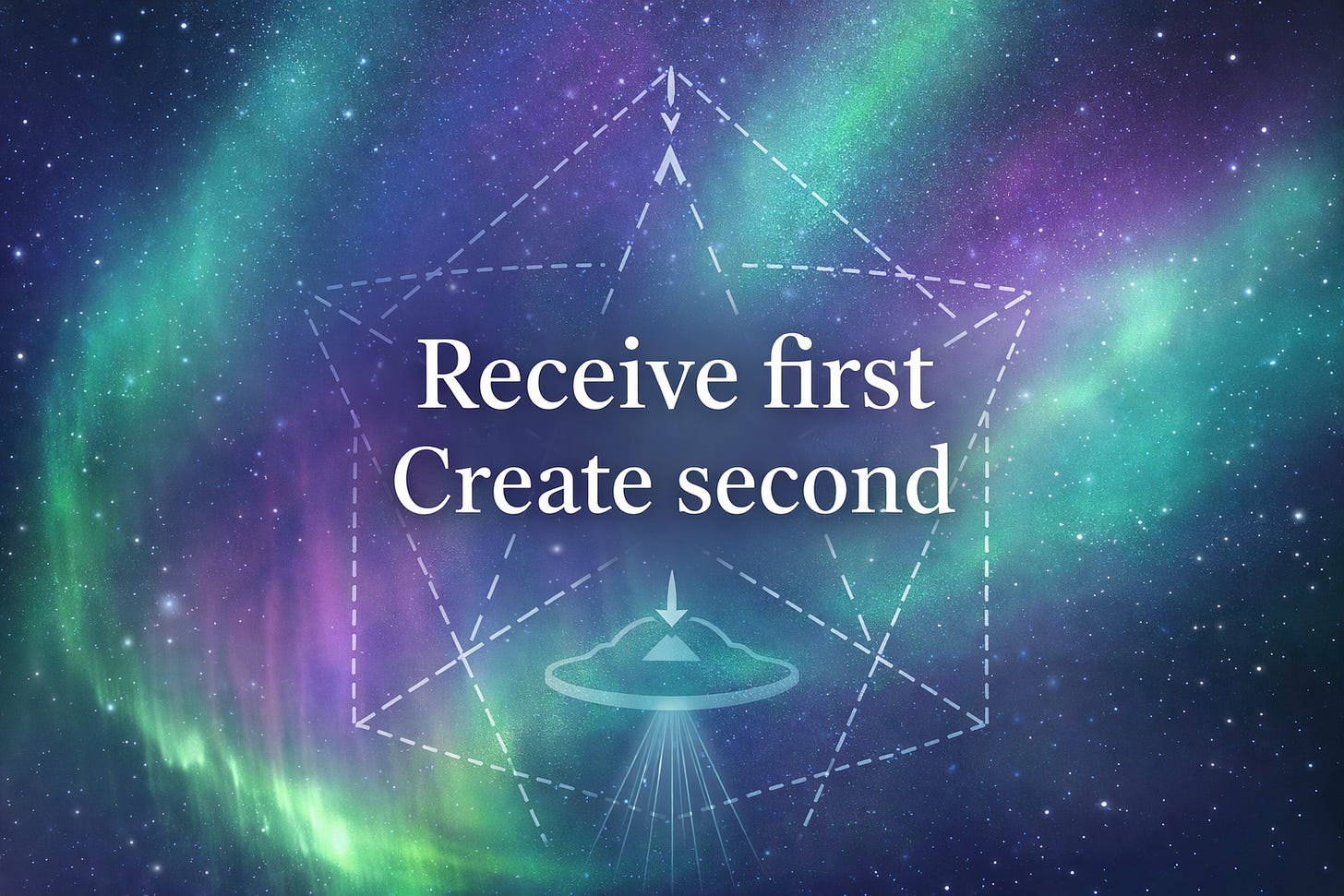 Cosmic aurora-style background in blues, purples, and greens with a dashed pentacle overlay. Large white text reads “Receive first” and “Create second,” with a small saucer icon and arrows indicating downward and upward energy flow.