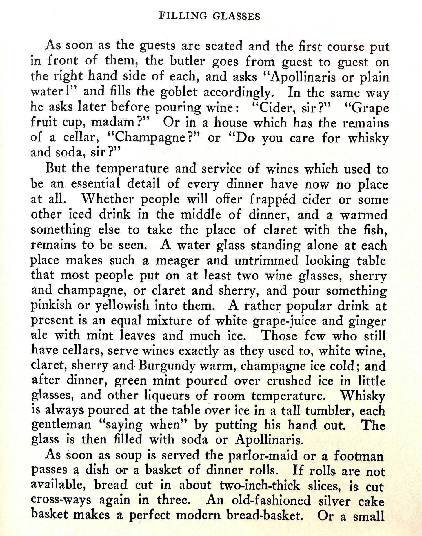 Picture of the Filling Glass section from the Replica Edition of Emily Post Etiquette 1922