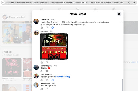 A gallery with screenshots with remarks from Haradinaj's social media post