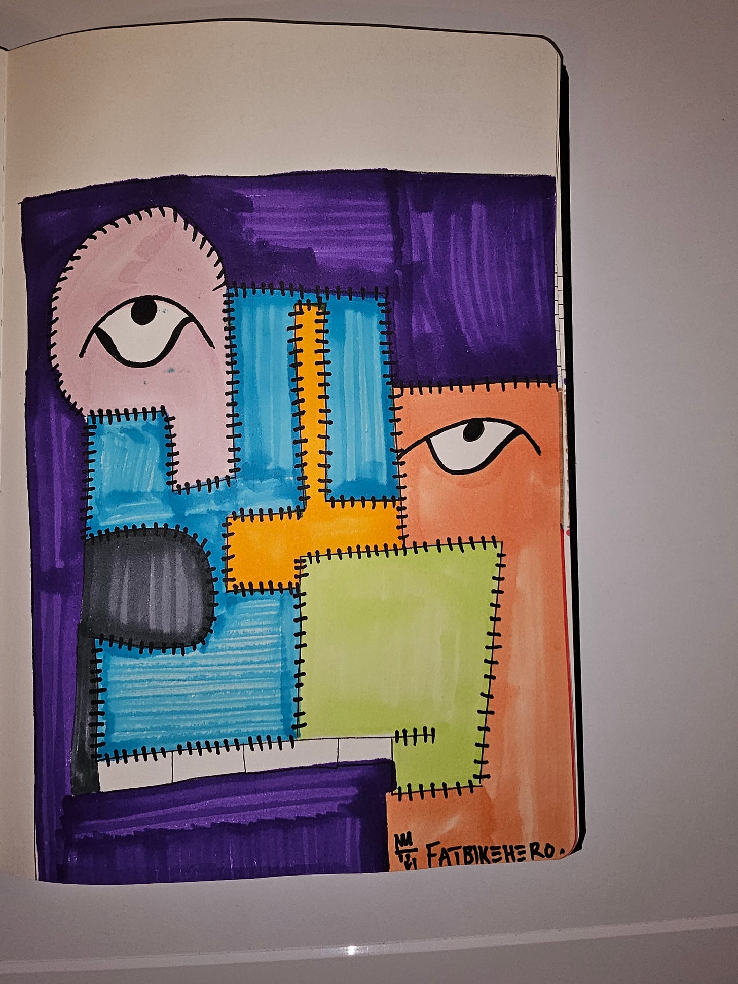 Hand-drawn fragmented face composed of stitched geometric color blocks representing critique of AI hallucination.