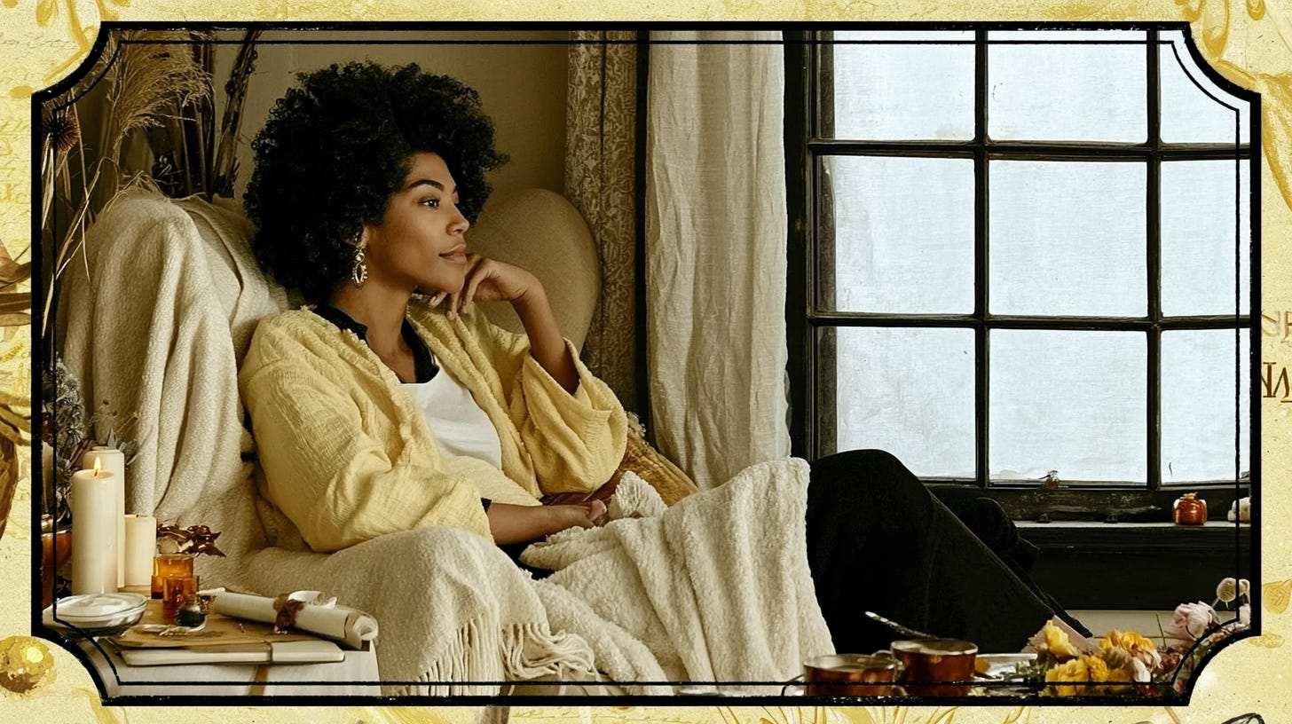A Black woman sits peacefully in a cosy chair by a large window, wrapped in a soft cream blanket and wearing warm neutral layers. Candles, books, flowers, and self-care items surround her, creating a calm soft life atmosphere. The image has warm golden tones, vintage-style framing, and a reflective, restorative mood. by Charlene Grant of EPIC AI Agency in Walsall