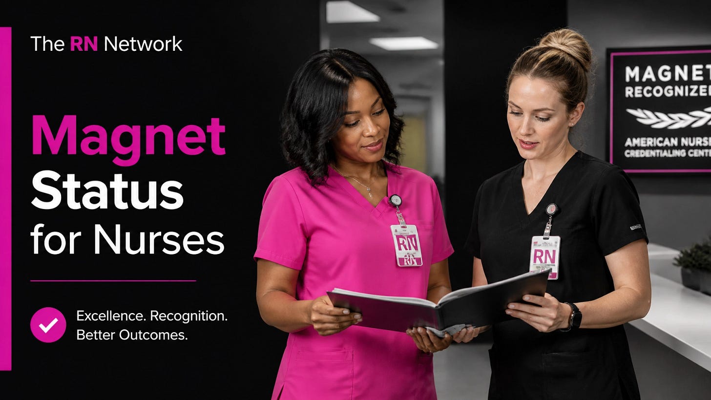 Two professional nurses in bold pink and neutral scrubs reviewing clinical materials in a modern hospital setting with the official RN Network logo Two professional nurses in bold pink and neutral scrubs reviewing clinical materials in a modern hospital setting with the official RN Network logo